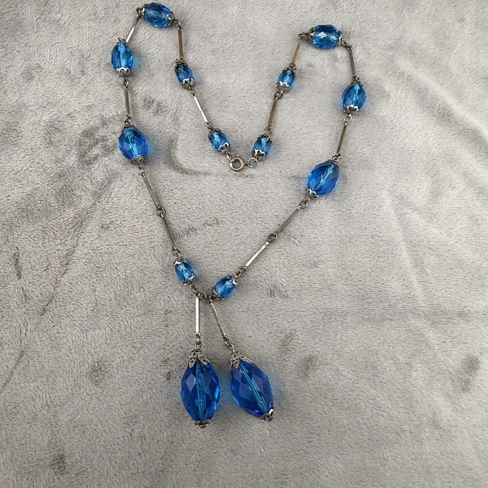 Vintage Statement Necklace Silver‎ Tone Blue Rhinestone 22